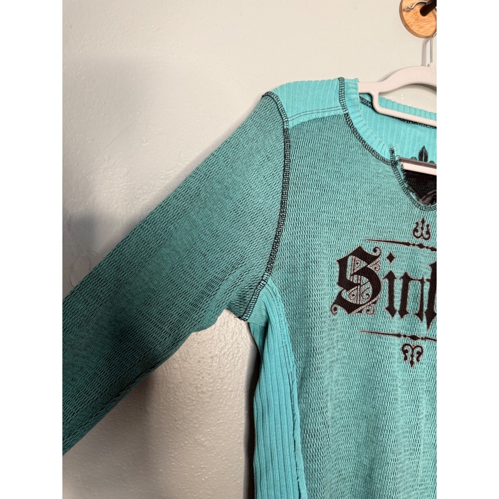 Sinful by Affliction Y2K Thermal Reversible Glitter Heart Turquoise & black top - Picture 10 of 16